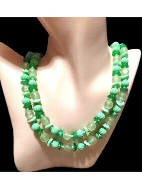 Mid Century Lucite? Mint Green Beaded Necklace Layered Double Strand Chips Glow